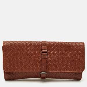 Pre Owned Bottega Veneta Brown Intrecciato Leather Strap Clutch