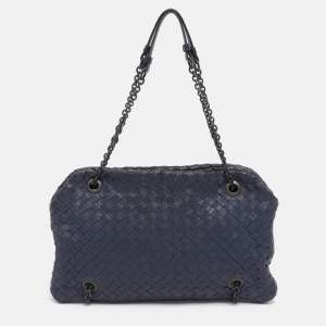 Pre Owned Bottega Veneta Blue Intrecciato Leather Duo Shoulder Bag