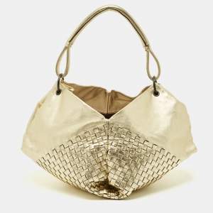 Pre Owned Bottega Veneta Metallic Gold Leather Intrecciato Aquilone Fortune Cookie Hobo