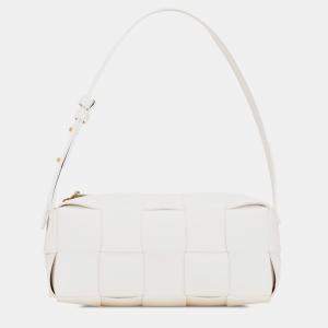 Pre Owned Bottega Veneta White Small Lambskin Intrecciato Brick Cassette