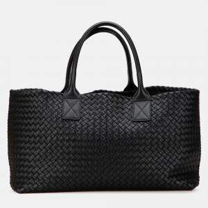 Pre Owned Bottega Veneta Black Medium Lambskin Intreccio Cabat Tote