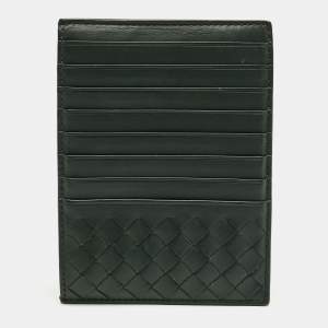 Pre Owned Bottega Veneta Dark Green Leather Zip Card Holder