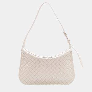 Pre Owned Bottega Veneta White Brushed Calfskin Intrecciato Cradle Fold Over Shoulder Bag