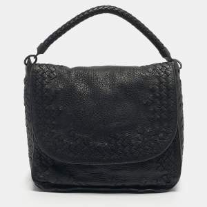 Pre Owned Bottega Veneta Black Intrecciato Leather Flap Hobo