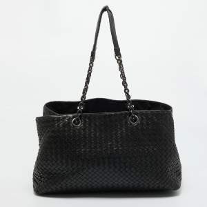 Pre Owned Bottega Veneta Black Intrecciato Leather Chain Tote