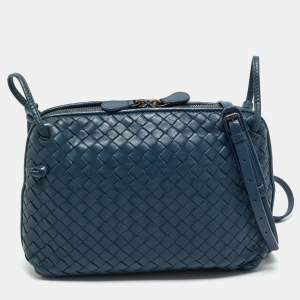 Pre Owned Bottega Veneta Navy Blue Intrecciato Leather Nodini Crossbody Bag