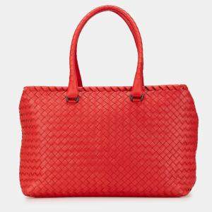 Pre Owned Bottega Veneta Red Nappa Intrecciato Brick Tote