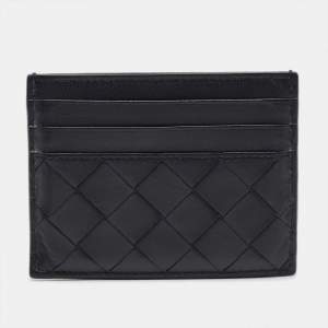 Pre Owned Bottega Veneta Navy Blue Intrecciato Leather Card Holder