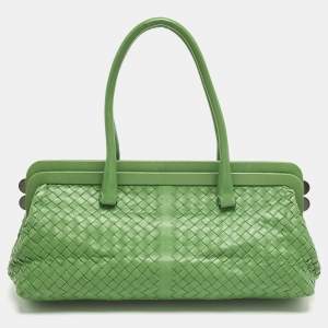 Pre Owned Bottega Veneta Green Intrecciato Leather Frame Satchel