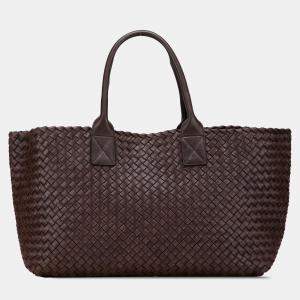 Pre Owned Bottega Veneta Brown Medium Lambskin Intreccio Cabat Tote