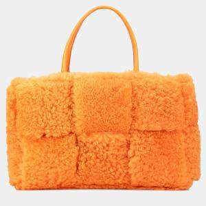Pre Owned Bottega Veneta Orange Small Shearling Intrecciato Arco Tote