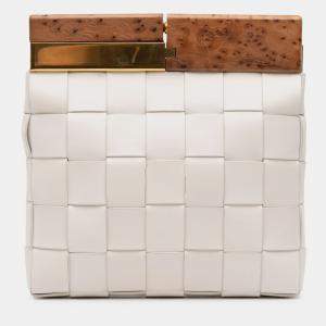 Pre Owned Bottega Veneta White Lambskin Maxi Intrecciato The Snap Clutch