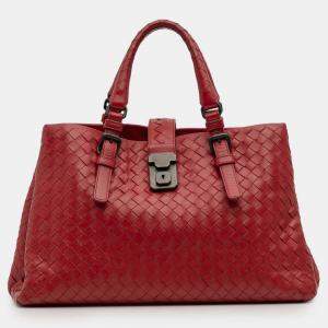 Pre Owned Bottega Veneta Red Small Nappa Intrecciato Roma Satchel
