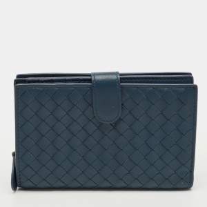 Pre Owned Bottega Veneta Blue Intrecciato Leather French Wallet
