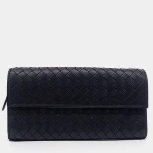 Pre Owned Bottega Veneta Black Leather Mesh Long Wallet