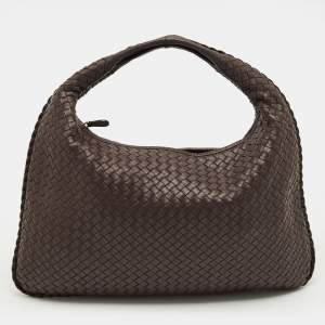 Pre Owned Bottega Veneta Dark Brown Intrecciato Leather Large Veneta Hobo