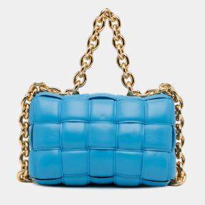 Pre Owned Bottega Veneta Blue Nappa Intrecciato Padded Chain Cassette Satchel