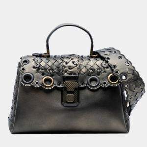 Pre Owned Bottega Veneta Brown Small Intrecciato Trimmed Metallic Nappa Grommet Piazza Satchel