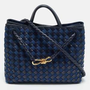 Pre Owned Bottega Veneta Navy Blue Intrecciato Leather and Denim Medium Andiamo Bag