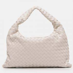 Pre Owned Bottega Veneta White Small Calfskin Intrecciato Hop Hobo