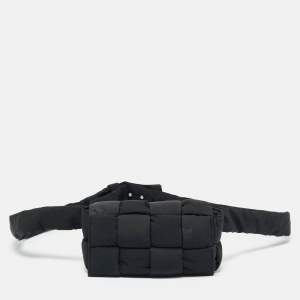 Pre Owned Bottega Veneta Black Intreccio Nylon Cassette Belt Bag