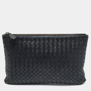 Pre Owned Bottega Veneta Black Intrecciato Leather Zip Flat Clutch