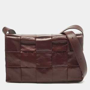 Pre Owned Bottega Veneta Cassette Burgundy Intrecciato Leather Shoulder Bag