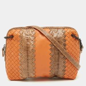 Pre Owned Bottega Veneta Nodini Orange/Brown Intrecciato Leather and Snakeskin Crossbody Bag