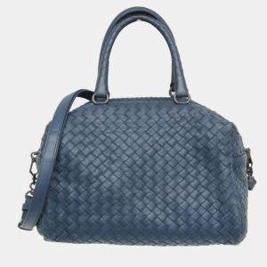 مملوكة مسبقًا Bottega Veneta Intrecciato Small Boston Bag Leather Shoulder Bag Blue