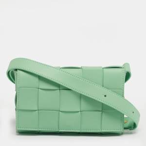 Pre Owned Bottega Veneta Cassette Small Light Green Leather Shoulder Bag