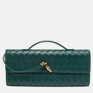 Pre Owned Bottega Veneta Andiamo Medium Green Intrecciato Leather Clutch