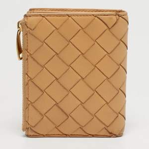 Pre Owned Bottega Veneta Beige Intrecciato Leather Compact Wallet
