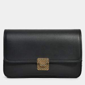 Pre Owned Bottega Veneta Black Leather Intrecciato Detail Wallet On Chain