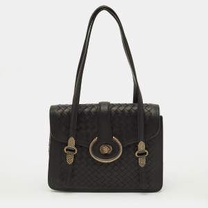 Pre Owned Bottega Venetta Mezzaluna Black Intrecciato Leather Bag