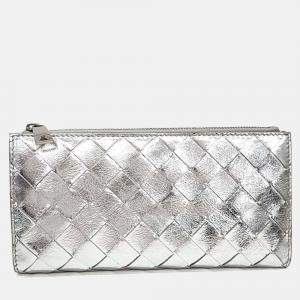 Pre Owned Bottega Veneta Silver Leather Mesh Long Wallet