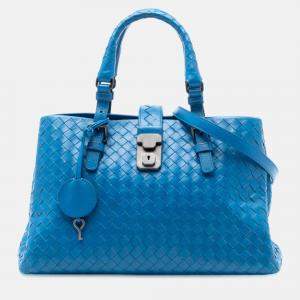 Pre Owned Bottega Veneta Blue Small Nappa Intrecciato Roma Satchel
