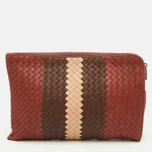 Pre Owned Bottega Veneta Brown/Beige Intrecciato Leather Zip Pouch Clutch