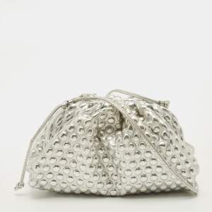 Pre Owned Bottega Veneta Bubble Wrap The Pouch Mini Silver Leather Bag