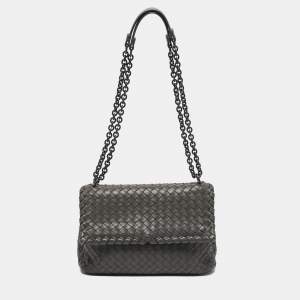 Pre Owned Bottega Veneta Olimpia Small Grey Intrecciato Leather Shoulder Bag