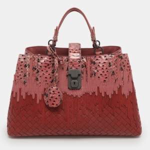 Pre Owned Bottega Veneta Flow Wave Small Red/Pink Intrecciato Leather and Snakeskin Tote