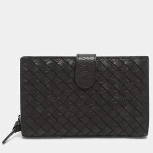 Pre Owned Bottega Veneta Dark Brown Intrecciato Leather Bifold Wallet