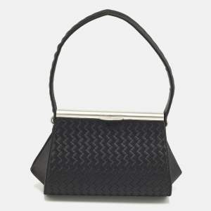 Pre Owned Bottega Veneta Black Intrecciato Satin Clasp Pouch Bag
