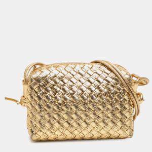 Pre Owned Bottega Veneta Gold Mini Metallic Lambskin Intrecciato Loop Camera Bag