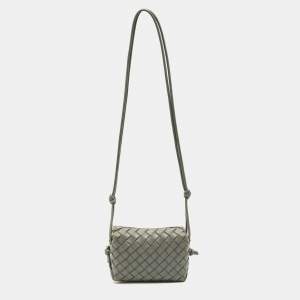 Pre Owned Bottega Veneta Loop Camera Mini Grey Intrecciato Leather Crossbody Bag