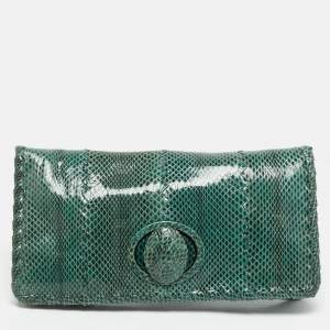 Pre Owned Bottega Veneta Turnlock Green Watersnake Leather Flap Clutch