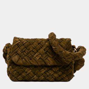 Pre Owned Bottega Veneta Green Medium Suede Intrecciato Kalimero Citta Shoulder Bag