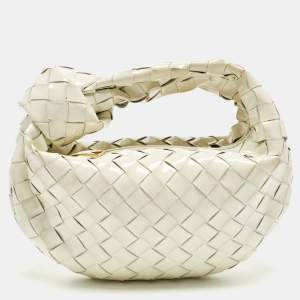 Pre Owned Bottega Veneta Jodie Mini Intrecciato White Patent Leather Hobo