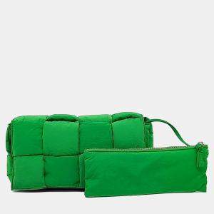 Pre Owned Bottega Veneta Green Fabric Padded Tech Cassette Bag