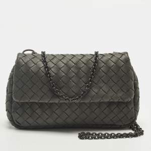 مملوكة مسبقًا Bottega Veneta Dark Grey Intrecciato Leather Chain Crossbody Bag