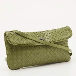 Pre Owned Bottega Veneta Green Intrecciato Leather Lock Flap Crossbody Bag